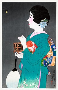 Japanese woman and firefly cage (1898-1972) vintage woodblock print by Itō Shinsui. Original public domain image from the Library of Congress.    Digitally enhanced by rawpixel.