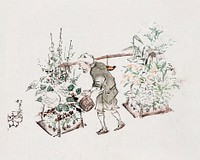 Man watering flowers (1840-1870) vintage Ukiyo-e style. Original public domain image from the Library of Congress.   Digitally enhanced by rawpixel.