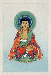 Religious figure, possibly Buddha, sitting on a lotus, facing front, with blue/green halo behind his head (1878). Original public domain image from the Library of Congress.   Digitally enhanced by rawpixel.