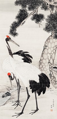 Japanese cranes and a pine tree (1733 - 1795) vintage ink on silk by Maruyama Ōkyo. Original public domain image from the Minneapolis Institute of Art.   Digitally enhanced by rawpixel.