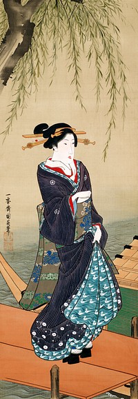 Japanese woman under a willow (1820s-1830s) vintage painting by Utagawa Kunihide. Original public domain image from The Minneapolis Institute of Art.    Digitally enhanced by rawpixel.