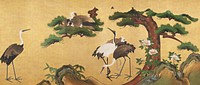 Japanese cranes with bamboo (18th-19th century) vintage ink and color on paper by Kano School. Original public domain image from the Minneapolis Institute of Art.   Digitally enhanced by rawpixel.