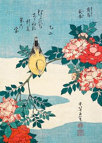 Katsushika Hokusai’s warbler and roses (1834) vintage Japanese woodblock print by Shibata Zeshin. Original public domain image from the Minneapolis Institute of Art.   Digitally enhanced by rawpixel.