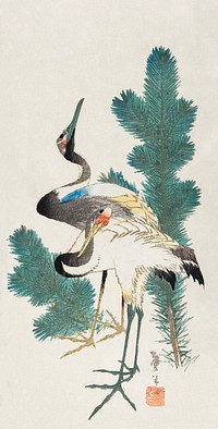 Japanese cranes and pine branch (19th century) vintage woodblock print by Katsushika Taito II. Original public domain image from the Minneapolis Institute of Art.   Digitally enhanced by rawpixel.
