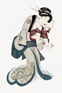 Japanese woman illustration psd, holding a baby.   Remastered by rawpixel. 