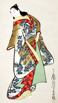 Japanese woman in kimono (1720) vintage painting by Kaigetsudō Doshu. Original public domain image from The Minneapolis Institute of Art.    Digitally enhanced by rawpixel.