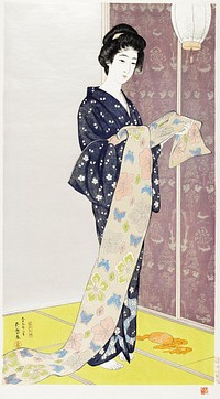 Japanese woman in summer kimono (1920) vintage woodblock print by Hashiguchi Goyô. Original public domain image from the Rijksmuseum.    Digitally enhanced by rawpixel.