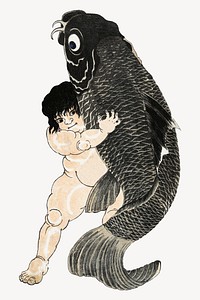 Boy wrestling fish, Japanese illustration psd.  Remastered by rawpixel. 
