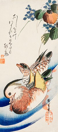 Mandarin ducks (1615-1868) vintage Japanese woodblock print by Utagawa Hiroshige. Original public domain image from The Cleveland Museum of Art.   Digitally enhanced by rawpixel.