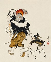 Dog barking at a monkey trainer (19th century) vintage painting by Shibata Zeshin. Original public domain image from the Minneapolis Institute of Art.   Digitally enhanced by rawpixel.