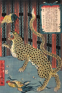 Japanese tiger in a cage (1860) vintage woodblock prints by Ichiryūsai Yoshitoyo. Original public domain image from The MET Museum.   Digitally enhanced by rawpixel.