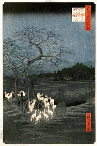New Year's Eve foxfires at the changing Tree (1857) vintage woodblock prints by Utagawa Hiroshige. Original public domain image from the Rijksmuseum.   Digitally enhanced by rawpixel.