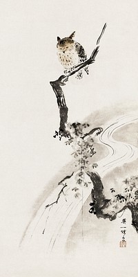 Owl perched on a tree (1710) vintage Japanese painting by Hanabusa Itcho. Original public domain image from the Minneapolis Institute of Art.   Digitally enhanced by rawpixel.