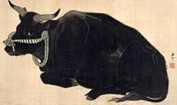 Reclining bull (1830s) vintage Japanese painting by Mihata Joryu. Original public domain image from the Minneapolis Institute of Art.   Digitally enhanced by rawpixel.