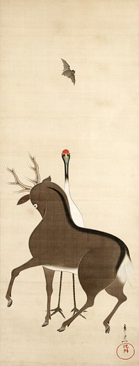 Deer, crane and bat (19th century) vintage Japanese painting by Suzuki Kiitsu. Original public domain image from the Minneapolis Institute of Art.   Digitally enhanced by rawpixel.