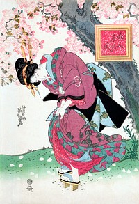 Japanese woman and cherry blossom (1828) vintage woodblock prints by Keisai Eisen. Original public domain image by Utagawa Hiroshige from the Rijksmuseum.   Digitally enhanced by rawpixel.