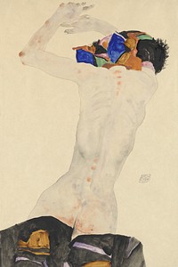 Rückenakt mit buntem Tuch (1911) painting in high resolution by Egon Schiele. 