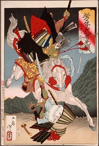 Sagami Jirō and Taira no Masakado Attacking an Opponent on Horseback (1883) print in high resolution by Tsukioka Yoshitoshi. Original from the Art Institute of Chicago. 