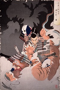 I No Hayata Kills the Nue at the Imperial Palace (1890) print in high resolution by Tsukioka Yoshitoshi. Original from the Art Institute of Chicago. 