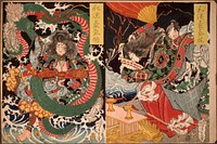 Tawaraya Tōda and a Dragon; Ono no Komachi Praying for Rain (1868) print in high resolution by Tsukioka Yoshitoshi. Original from the Art Institute of Chicago. 