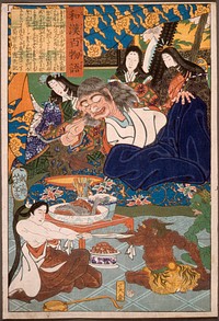 Shutendōji Surrounded by Women (1865) print in high resolution by Tsukioka Yoshitoshi. Original from the Art Institute of Chicago. 