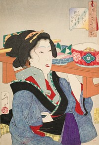 Looking Weighed Down: The Manner of a Waitress at Fukagawa in the Tenpō Era (1888) print in high resolution by Tsukioka Yoshitoshi. Original from the Art Institute of Chicago. 
