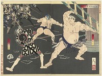 Vechtpartij tussen brandweermannen en sumo worstelaars bij de Shinmei tempel (1886) print in high resolution by Tsukioka Yoshitoshi. Original from the Rijksmuseum. 