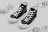 Black high top sneakers mockup with line art graphics psd unisex footwear fashion