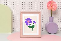 Photo frame mockup, flower vase decor psd