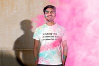 White t-shirt mockup, men’s casual wear, holi day celebration concept psd