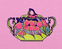 Floral teapot, vintage object illustration psd