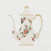 Floral teapot, vintage object illustration psd