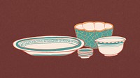 Vintage dish and bowl, object illustration set psd