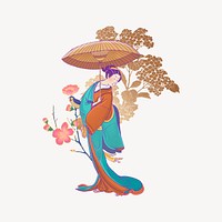 Vintage Japanese woman, holding umbrella character psd