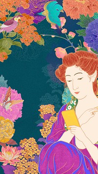 Aesthetic Japanese woman mobile wallpaper, vintage floral design