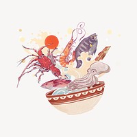 Seafood bowl splash, Japanese food illustration psd