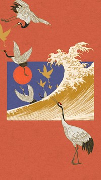 Hokusai's Japanese crane iPhone wallpaper, gold wave