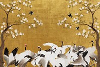 Hokusai's gold cranes background, Japanese animal illustration