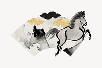 Hokusai's horse fan, vintage ink illustration psd