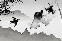 Japanese birds background, black forest illustration