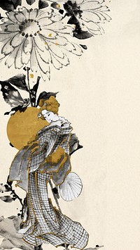 Aesthetic Japanese woman mobile wallpaper, vintage floral design