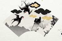 Flying birds fan background, Japanese ink illustration