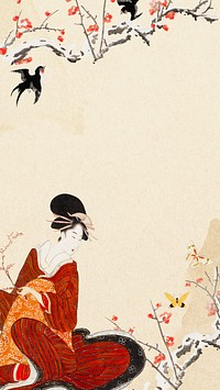 Vintage Japanese geisha mobile wallpaper, aesthetic floral design