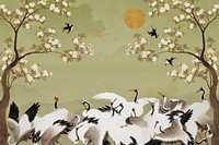 Hokusai's Japanese crane background, oriental illustration