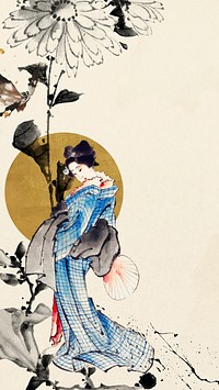 Aesthetic Japanese woman mobile wallpaper, vintage floral design