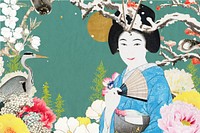 Aesthetic vintage Japanese woman background, enjoy nature