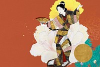 Aesthetic vintage Japanese woman background, classical fan dance