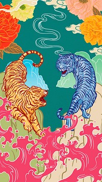 Colorful roaring tiger iPhone wallpaper, vintage wildlife illustration