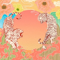 Aesthetic Japanese tigers background, round frame design