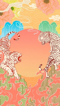 Vintage Japanese tiger mobile wallpaper, animal frame illustration